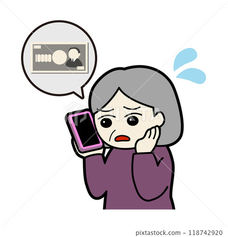 Illustration of an anxious senior woman talking about money on her smartphone 118742920