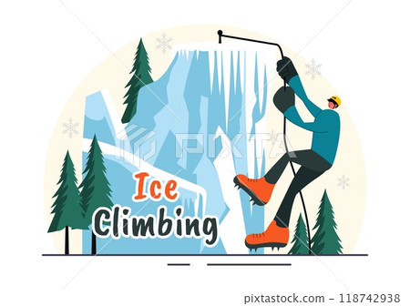 Ice Climbing Vector Illustration featuring a Climber Scaling an Ice Wall using Axes and Wearing Crampons with a Scenic Mountain backdrop Background Ice Climbing Vector Illustration featuring a Climber Scaling an Ice Wall using Axes and Wearing Crampons with a Scenic Mountain backdrop Background 118742938