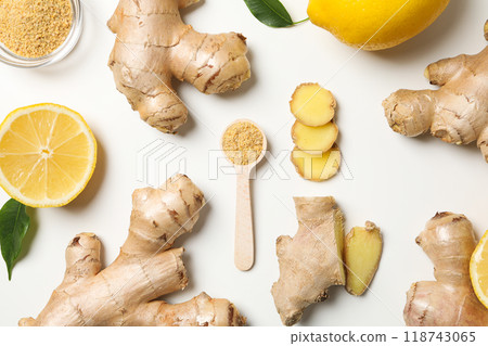 Seasoning and spices concept - ginger, homemade seasoning Seasoning and spices concept - ginger, homemade seasoning 118743065