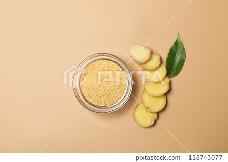 Seasoning and spices concept - ginger, homemade seasoning Seasoning and spices concept - ginger, homemade seasoning 118743077