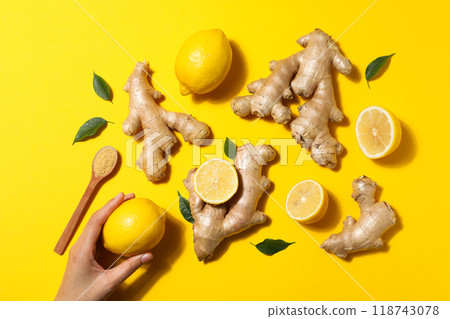 Seasoning and spices concept - ginger, homemade seasoning Seasoning and spices concept - ginger, homemade seasoning 118743078