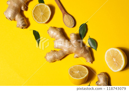 Seasoning and spices concept - ginger, homemade seasoning Seasoning and spices concept - ginger, homemade seasoning 118743079