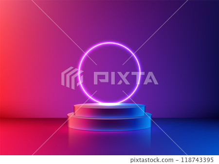 Futuristic Neon Podium for Technology Product Display, Vibrant Circle Backdrop, Perfect for Modern Mockup and Showroom Presentations 118743395
