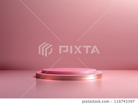 Pink podium with gold base for luxury product display, Minimal and elegant scene, Perfect for mockups, presentations, and branding 118743397