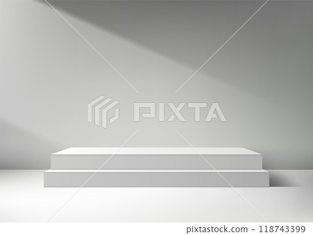 Minimalist White Two Tiered Podium Against a Gray Wall in Sunlight, Modern Product Display Mockup for Showroom or Showcase Minimalist White Two Tiered Podium Against a Gray Wall in Sunlight, Modern Product Display Mockup for Showroom or Showcase 118743399