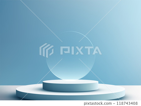 Minimalist 3D Circular Podium with Transparent Circle for Product Display, Elegant Modern Design on Soft Blue Background for Showroom and Award Showcase 118743408