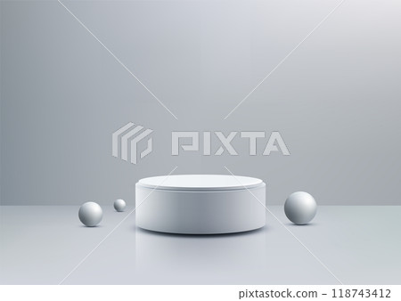Minimalist 3D White Podium with Spheres on Neutral Gray Background for Product Display and Mockups 118743412