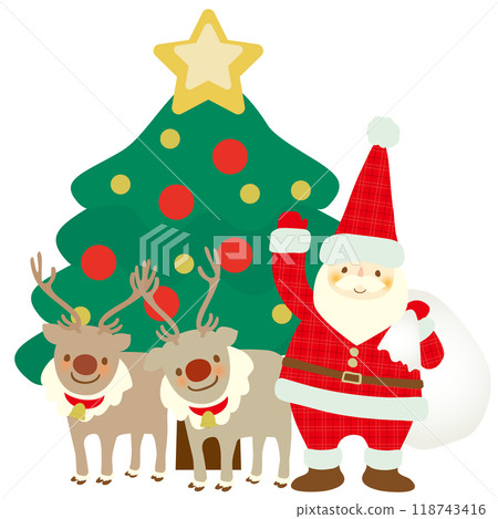 聖誕老人和馴鹿在聖誕樹前微笑的向量圖 聖誕老人和馴鹿在聖誕樹前微笑的向量圖 118743416