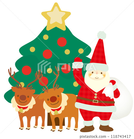 Vector illustration of Santa Claus and reindeer smiling in front of a Christmas tree 118743417
