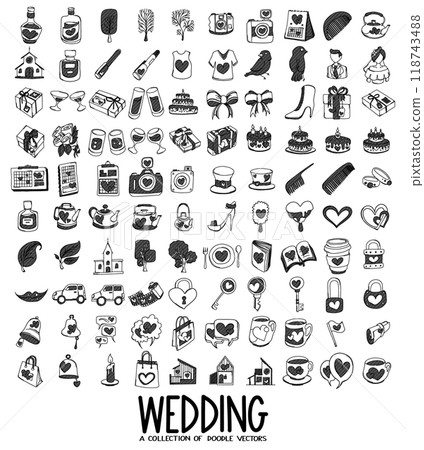 Wedding Related Doodle vector icon set. Drawing sketch illustration hand drawn line eps10 Wedding Related Doodle vector icon set. Drawing sketch illustration hand drawn line eps10 118743488