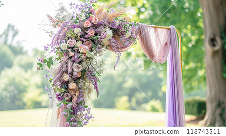 Wedding Ceremony Decorated with Lavender Flowers in the garden. Holiday concept Wedding Ceremony Decorated with Lavender Flowers in the garden. Holiday concept 118743511