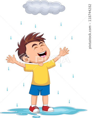 cute little boy playing in the rain cartoon 118744282