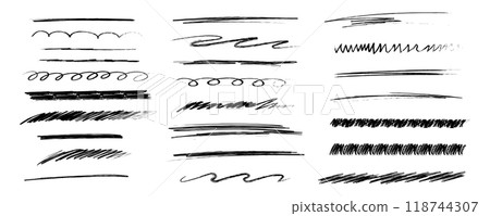 Chalk lines and squiggles, hand drawn doodle underlines thick line border, swoosh. Txtured sketchy crayon brush scribbles or wavy strokes 118744307