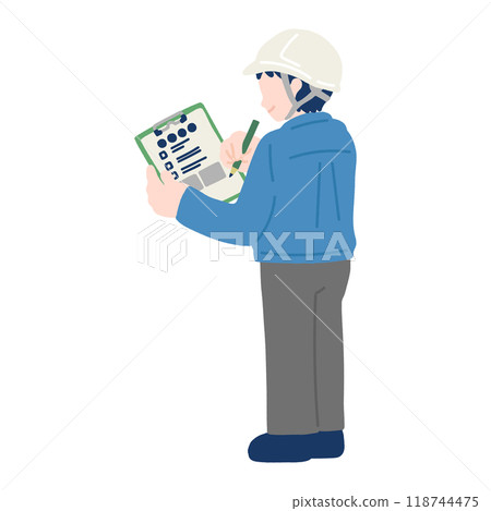 A flat illustration of a man (from behind) wearing a helmet, suit and work clothes standing and checking 118744475