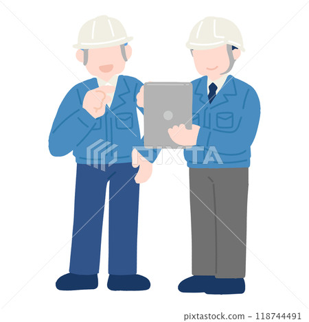 A flat illustration of two men wearing helmets and work clothes talking while looking at a tablet A flat illustration of two men wearing helmets and work clothes talking while looking at a tablet 118744491
