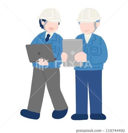A flat illustration of two men wearing helmets and work clothes in suits talking while looking at a tablet and a laptop 118744492