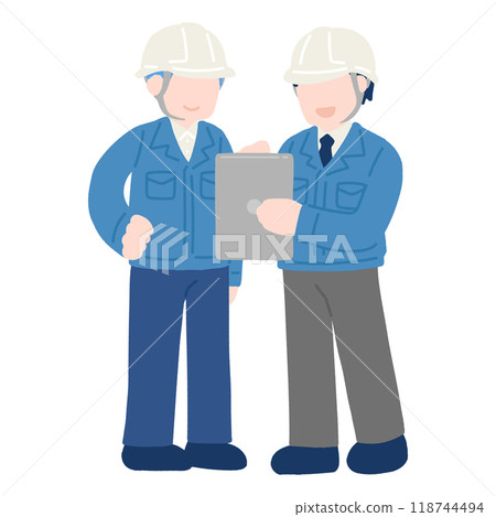 A flat illustration of two men wearing helmets and work clothes talking while looking at a tablet A flat illustration of two men wearing helmets and work clothes talking while looking at a tablet 118744494
