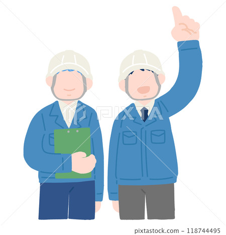 A flat illustration of two men wearing helmets and work clothes, pointing up at the top 118744495