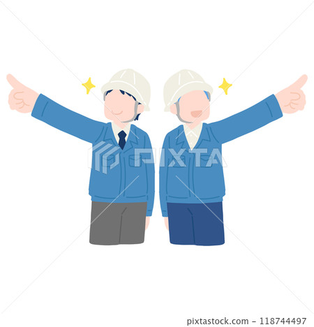 A flat illustration of two men wearing helmets and work clothes in suits pointing diagonally upwards in different directions 118744497