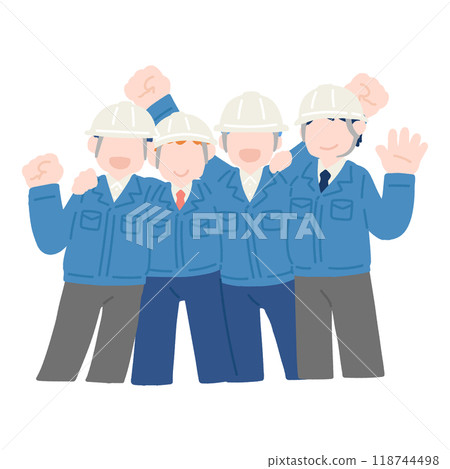 A flat illustration of four men wearing helmets, suits and work clothes happily putting their arms around each other's shoulders 118744498