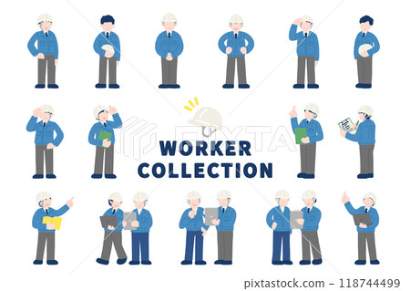 Flat illustrations (set) of a man [full body] wearing a helmet, suit and work clothes in various poses 118744499
