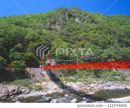 武田溫泉、鮮紅的武田橋、武庫川溪谷和新綠 / 兵庫縣寶塚市、西宮市 118744600
