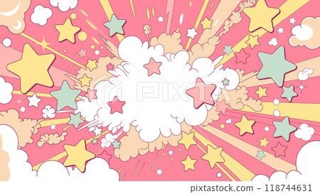 流行可愛的框架,充滿漫畫藝術風格的星星、雲彩和對話氣泡。複製空間。粉紅色背景 流行可愛的框架,充滿漫畫藝術風格的星星、雲彩和對話氣泡。複製空間。粉紅色背景 118744631