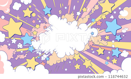 A pop and cute frame with comic art style stars, clouds and speech bubbles exploding. Copy space. Purple background A pop and cute frame with comic art style stars, clouds and speech bubbles exploding. Copy space. Purple background 118744632