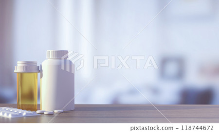 The medicine bottle on wood table for heath and sci concept 3d rendering. 118744672