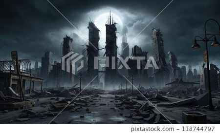 Post-apocalyptic skyscrapers/illustration 118744797