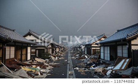 Japanese house collapsed due to earthquake disaster / illustration Japanese house collapsed due to earthquake disaster / illustration 118744882