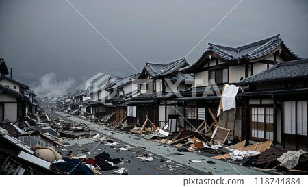 Japanese house collapsed due to earthquake disaster / illustration Japanese house collapsed due to earthquake disaster / illustration 118744884