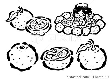 Winter solstice Yuzu (Yuzu, cross section, Yuzu bath) Hand-drawn illustration line drawing set Winter solstice Yuzu (Yuzu, cross section, Yuzu bath) Hand-drawn illustration line drawing set 118744904