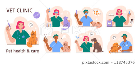 Vet clinic scenes set, hand drawn compositions with male and female veterinarians, pet health care, vector illustrations of dogs, cats, exotic animals, vaccination and grooming in veterinary hospital Vet clinic scenes set, hand drawn compositions with male and female veterinarians, pet health care, vector illustrations of dogs, cats, exotic animals, vaccination and grooming in veterinary hospital 118745376