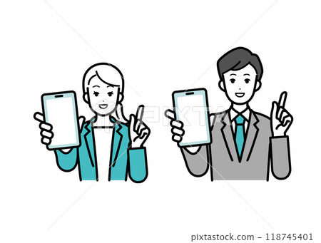 Illustration of male and female business people showing smartphone screens 118745401