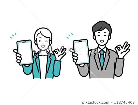 Illustration of male and female business people who are OK with using smartphones Illustration of male and female business people who are OK with using smartphones 118745402