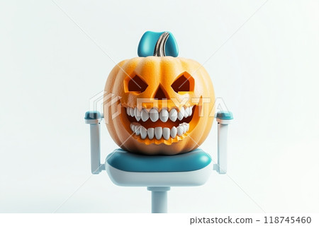 Halloween pumpkin smiles with white teeth in dentist office - dental health concept 118745460