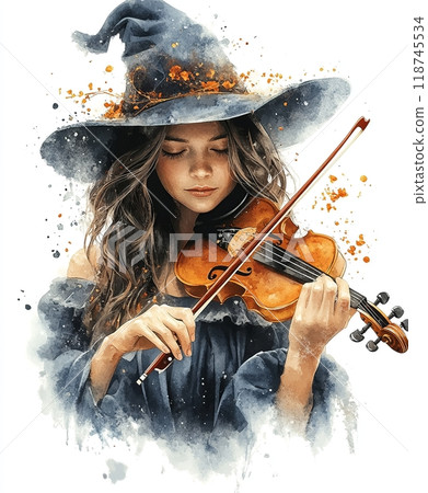 Young beautiful Witch plays the violin - Halloween illustration Young beautiful Witch plays the violin - Halloween illustration 118745534