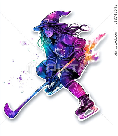 Witch in hat plays ice hockey - women's hockey and Halloween 118745582