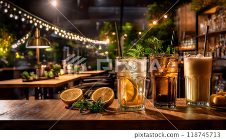 Drinks in the bar. Cocktails on a table in a nightclub. AI Generated. 118745713