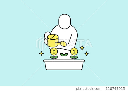 A simple vector illustration of a person watering plants and flowers that represent money. Image of investment. 118745915