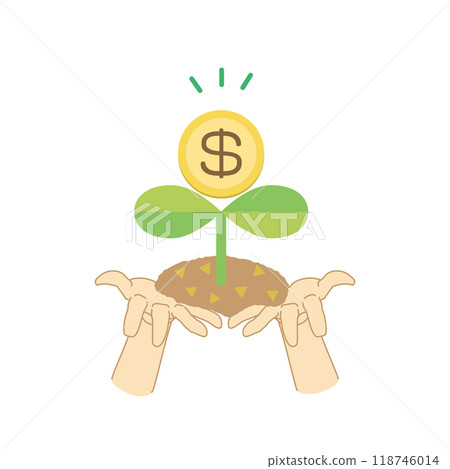 兩隻手拿著一顆豆芽的彩色插圖,上面有一美元硬幣 兩隻手拿著一顆豆芽的彩色插圖,上面有一美元硬幣 118746014