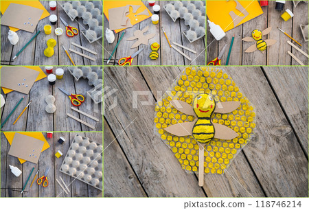 Collage craft from the packaging of egg trays - a bee on an ice cream stick against a background of honeycomb made of bubble wrap Creativity, crafting. Zero waste concept. Collage craft from the packaging of egg trays - a bee on an ice cream stick against a background of honeycomb made of bubble wrap Creativity, crafting. Zero waste concept. 118746214