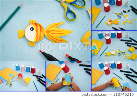Collage diy process. Kids craft multicoloured fish from a paper coffee cup, zero waste concept. Collage diy process. Kids craft multicoloured fish from a paper coffee cup, zero waste concept. 118746216