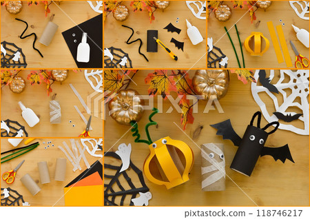 Collage halloween decoration from toilet paper roll, handmade vampire bat. easy paper crafts for kids. Collage halloween decoration from toilet paper roll, handmade vampire bat. easy paper crafts for kids. 118746217