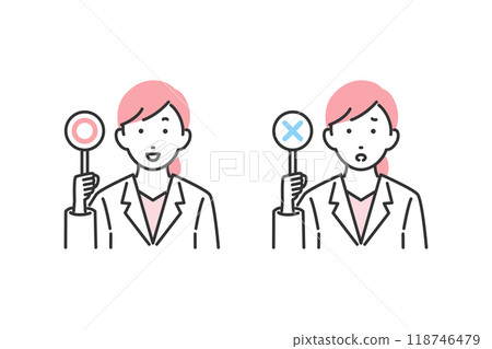 Illustration of a female doctor holding a true or false plate 118746479