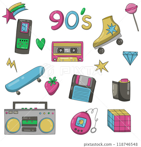 Retro 90's clipart set. Y2K. nostalgic set. flat style doodle stickers Retro 90's clipart set. Y2K. nostalgic set. flat style doodle stickers 118746548