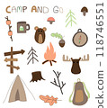 Vector summer camp set. Camping, hiking, ,equipment collection with cute  forest animals. Outdoor nature tourism icons pack with backpack, tent, fire. Woodland travel elements 118746551