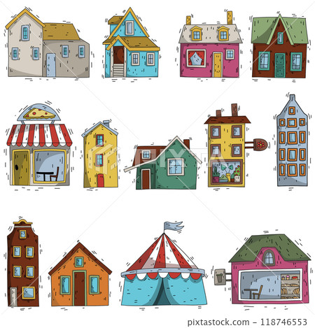 city creator. set of doodle hand drawn houses, cafeterias, shops, ready for print cool stickers for kids . 118746553