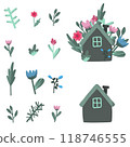 Bundle of cute houses and wilde flowers hand drawn doodle style 118746555
